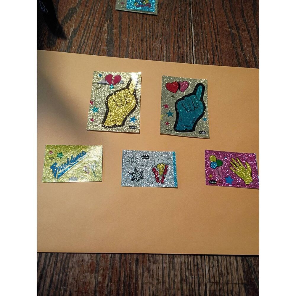 Lot of 5 Fleer Glitter Sticker Sheets Vintage 1980s Card Size and Smaller